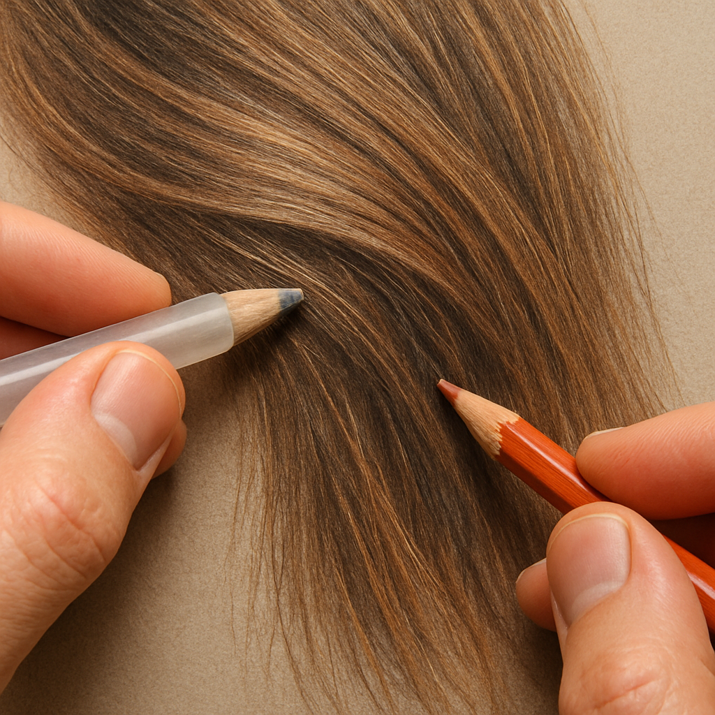 A photorealistic close‑up of a hand using a colourless blender to smooth colored pencil hair strands, with a sharpened pencil adding tiny highlights, set on textured Canson Mi‑Teintes paper. Alt: How to draw hair with colored pencils – blending and finishing touches.