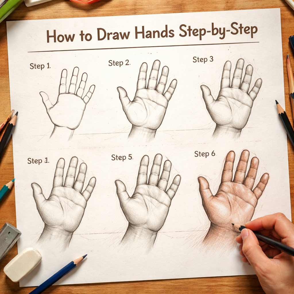 A photorealistic image related to how-to-draw-hands-step-by-step. Alt: how-to-draw-hands-step-by-step