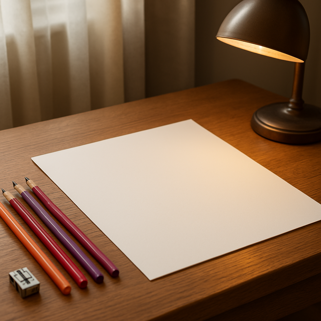 A photorealistic image of a neatly arranged artist workspace featuring smooth Bristol paper, a set of coloured pencils (peach, red, burgundy, violet), a colourless blender, a metal sharpener, and a warm desk lamp, with soft natural light highlighting the scene. Alt: How to draw lips with colored pencils – workspace setup in realism style.