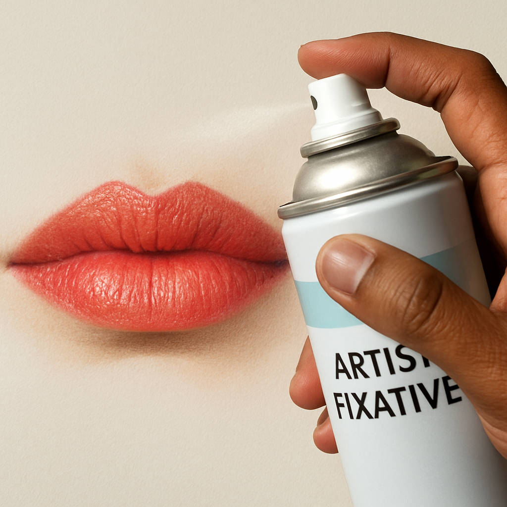 A photorealistic close‑up of a hand applying a light spray of artist fixative to a coloured‑pencil lip drawing on smooth Bristol paper, with visible fine‑detail highlights and a gentle shadow, captured in natural daylight, appealing to Indian art students and hobbyist artists. Alt: Fine details and protective fixative on realistic coloured‑pencil lips.