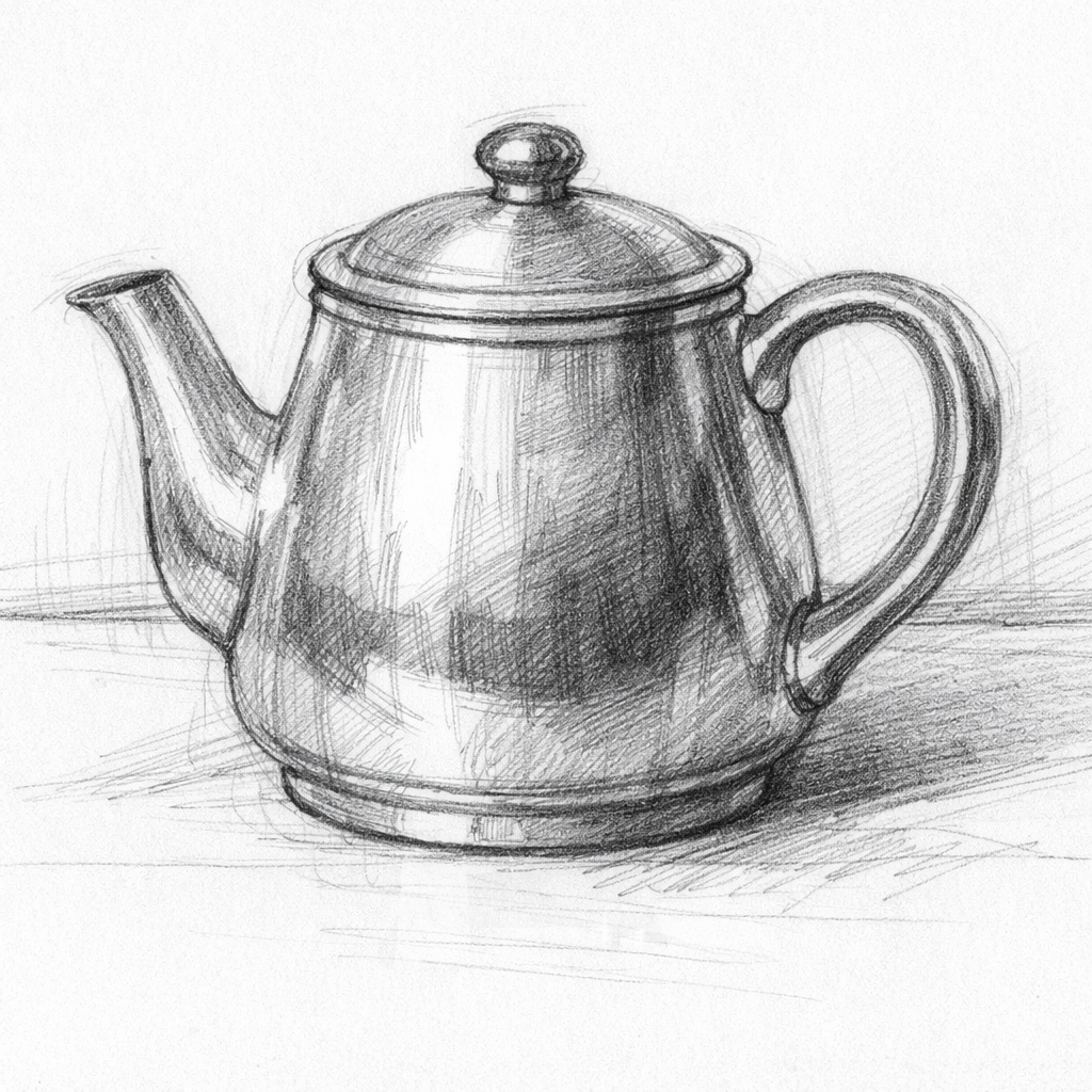 A realistic pencil sketch of a metal teapot on a table, showing initial outline and basic shading with clear light and dark areas. Alt: Sketch of metal teapot with pencil values.