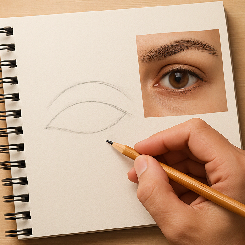 A photorealistic illustration of a hand sketching the almond shape of an eye on a sketchbook, showing the light pencil outline, subtle eyelid curvature, and a reference photo beside the sketch. Alt: How to draw realistic eyes step by step – basic shape outline.