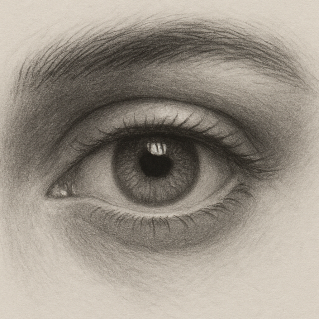 A Realism style close‑up of a hand‑drawn eye showing soft graphite shadows on the sclera, a dark rim shadow around the iris, and two tiny catch‑lights on the cornea. Alt: Step‑by‑step realistic eye drawing shadows and highlights illustration.