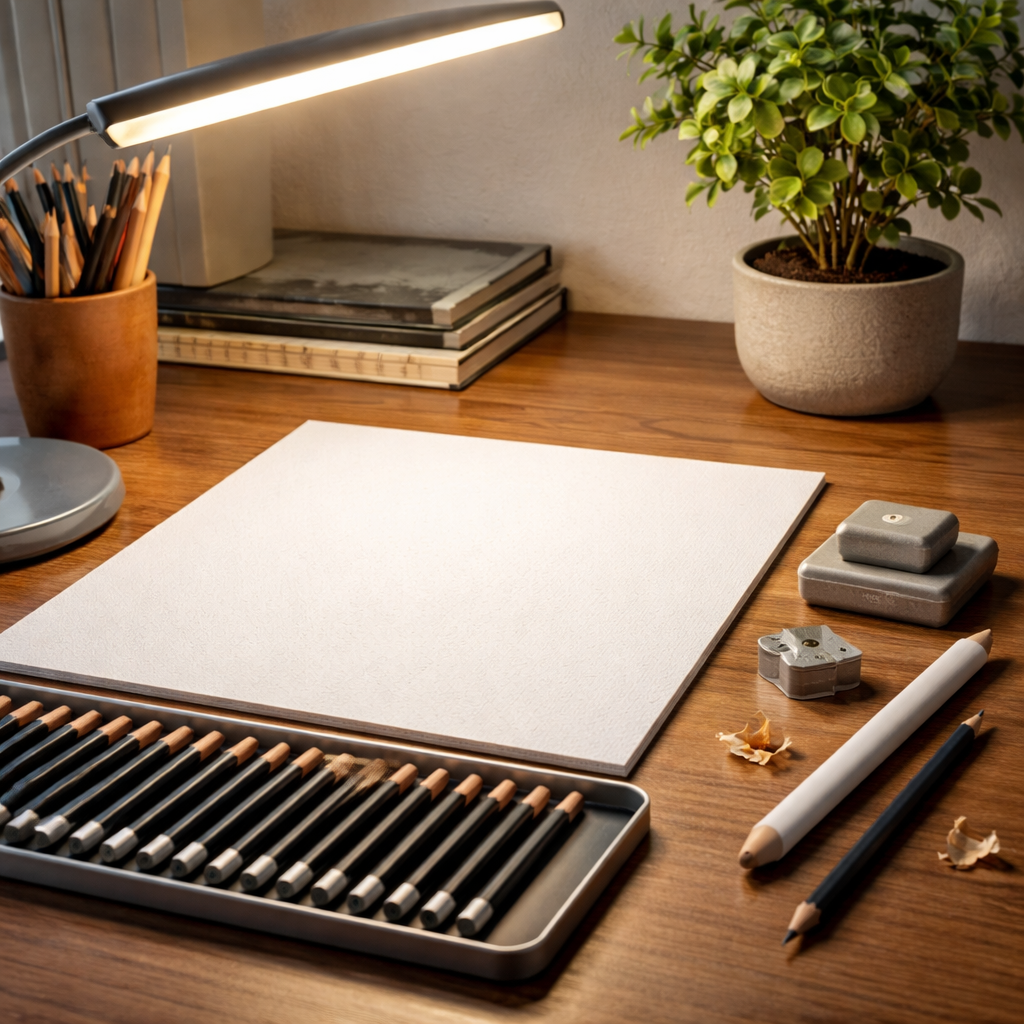 A photorealistic scene of a neatly arranged drawing workstation on a wooden desk, featuring a set of graphite pencils ranging from 2H to 6B, a sheet of textured drawing paper, a metal double‑hole sharpener, a kneaded eraser, a blending stump, and a daylight‑balanced LED lamp casting soft light. The setting reflects a typical Indian study nook with a small indoor plant in the background. Alt: Gather materials for how to draw with graphite pencils – realistic workspace.