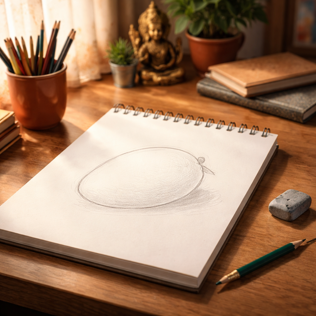 A photorealistic scene of a small Indian study desk, showing an open sketchbook with a faint HB outline of a mango, a 2H pencil laying beside it, a kneaded eraser, and soft natural light spilling from a window. Alt: Light sketch example for how to draw with graphite pencils.