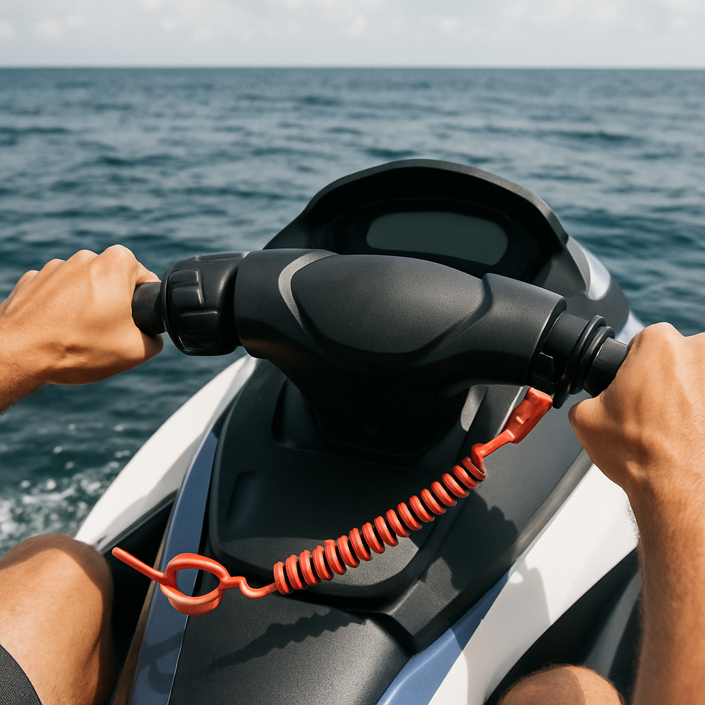 A close-up shot of hands gripping jet ski handlebars with visible throttle lever and safety lanyard attached. Alt: Understanding jet ski controls like handlebars and throttle lever for safe riding.
