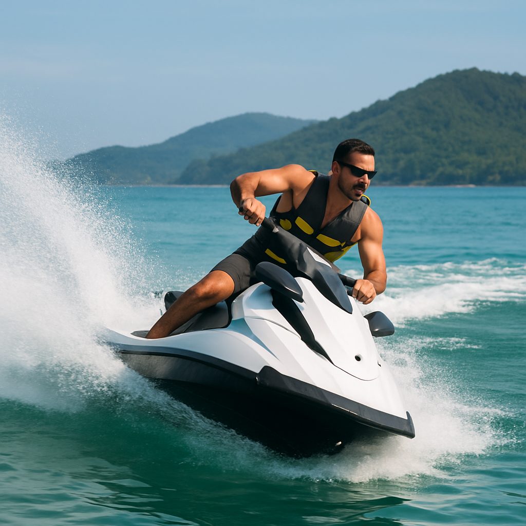 A person confidently leaning into a gentle turn on a jet ski, water spray trailing behind, with a clear view of calm Phuket waters. Alt: How to drive a jet ski safely performing turning and maneuvering techniques.