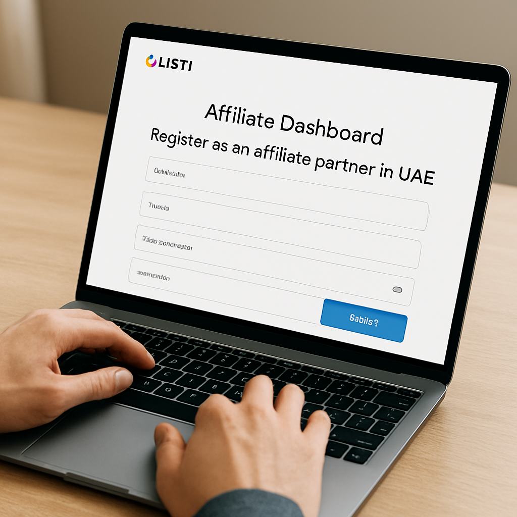 A person filling out an online registration form on a laptop, showing a Listi affiliate dashboard. Alt: Register as an affiliate partner in UAE