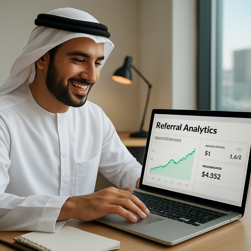 A freelancer reviewing referral analytics on a laptop, smiling as commissions rise. Alt: Optimizing and scaling a referral program in UAE with Listi dashboard