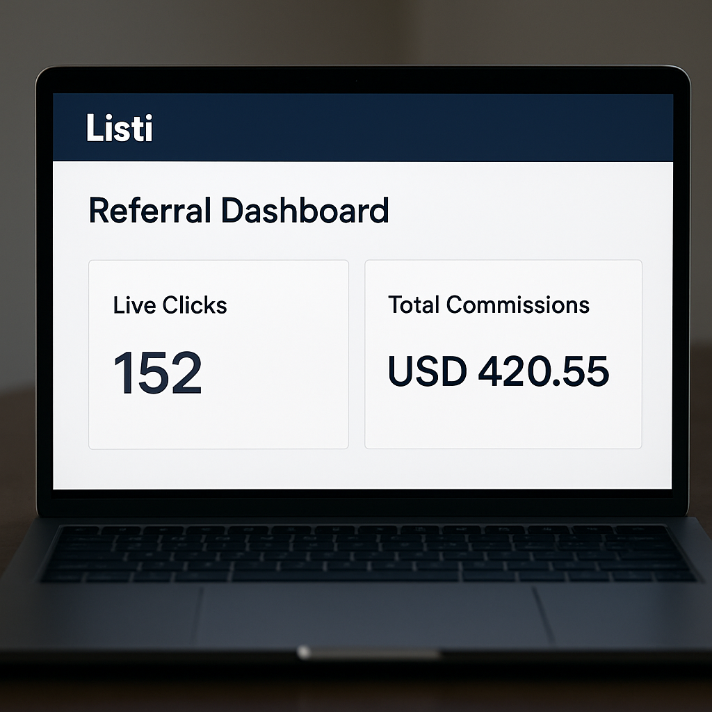 A sleek laptop screen showing a Listi referral dashboard with live click counts and commission totals. Alt: "Listi referral dashboard showing real‑time clicks and earnings for Dubai freelancers"