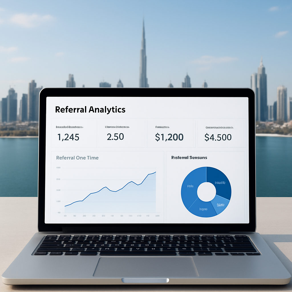 A clean dashboard view on a laptop showing referral analytics graphs, with Dubai skyline in the background. Alt: Referral analytics dashboard for tracking commissions in Dubai