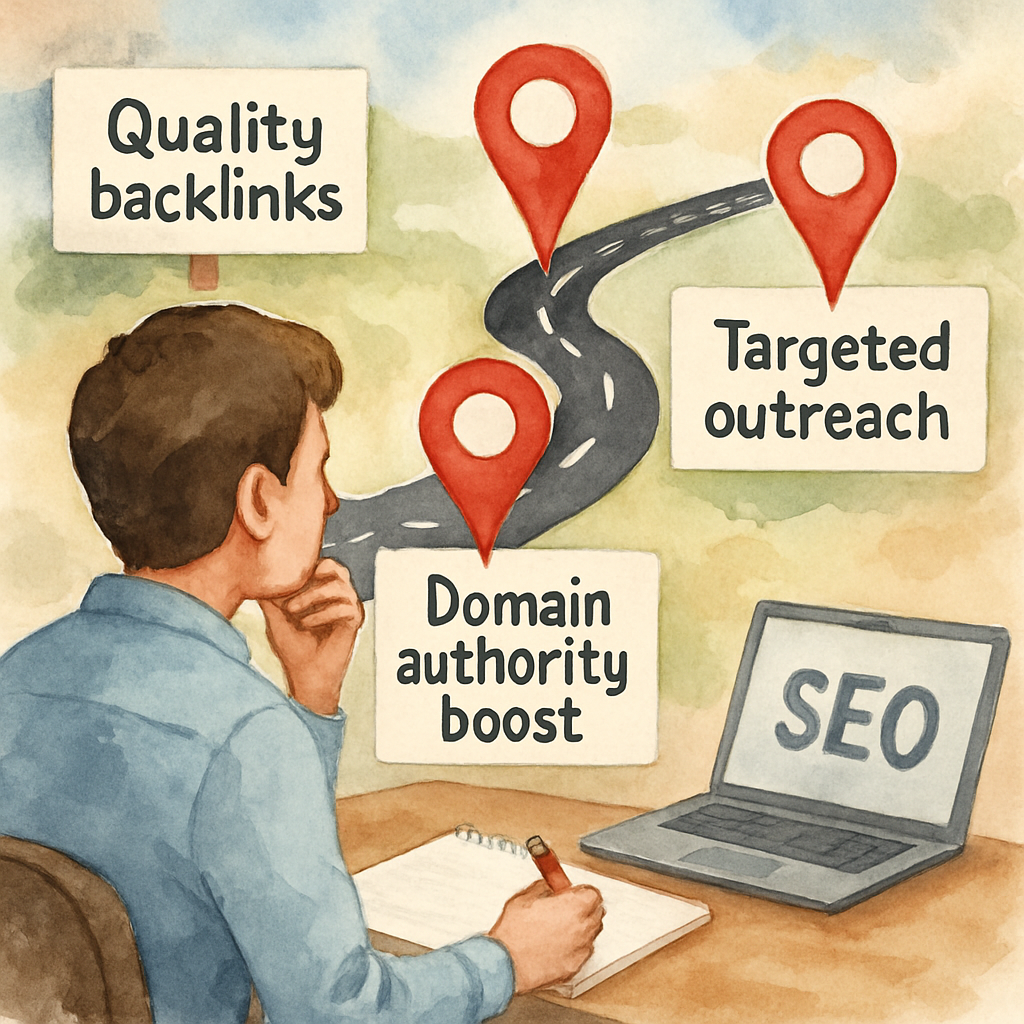 Illustration showing a roadmap with milestones labeled “Quality backlinks,” “Domain authority boost,” and “Targeted outreach” with an SEO specialist planning. Alt: A clear goal-setting roadmap for using an automated backlink outreach tool to improve SEO.