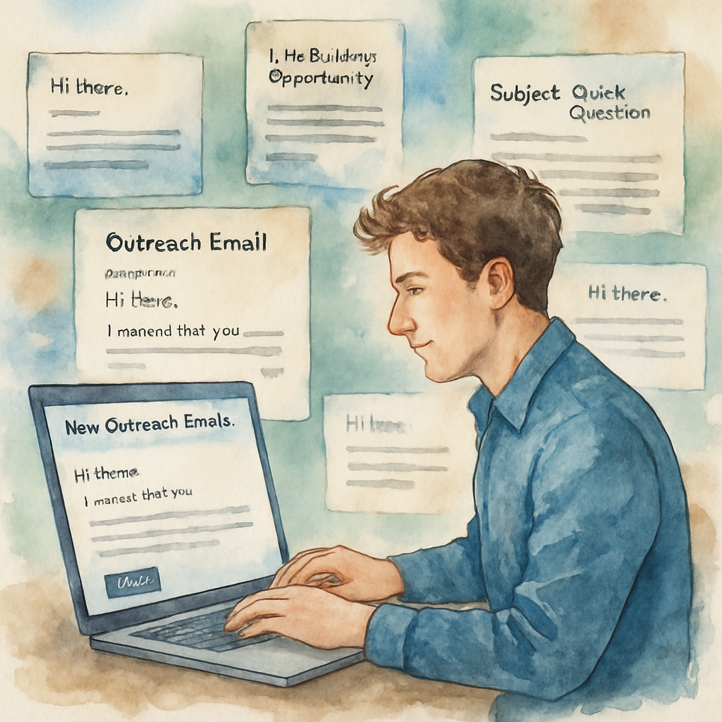 A digital marketer at a laptop crafting personalized outreach emails with automation tools, surrounded by floating email templates and varied subject lines. Alt: Personalized outreach emails created using automated backlink outreach tool.