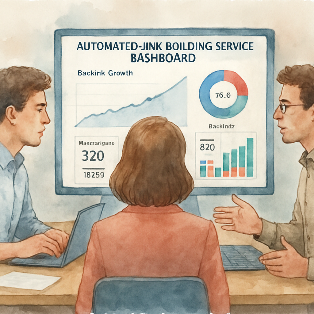 A digital marketing team analyzing automated link building software dashboard with backlink acquisition visuals. Alt: Automated link building service dashboard showing backlink growth and SEO metrics.
