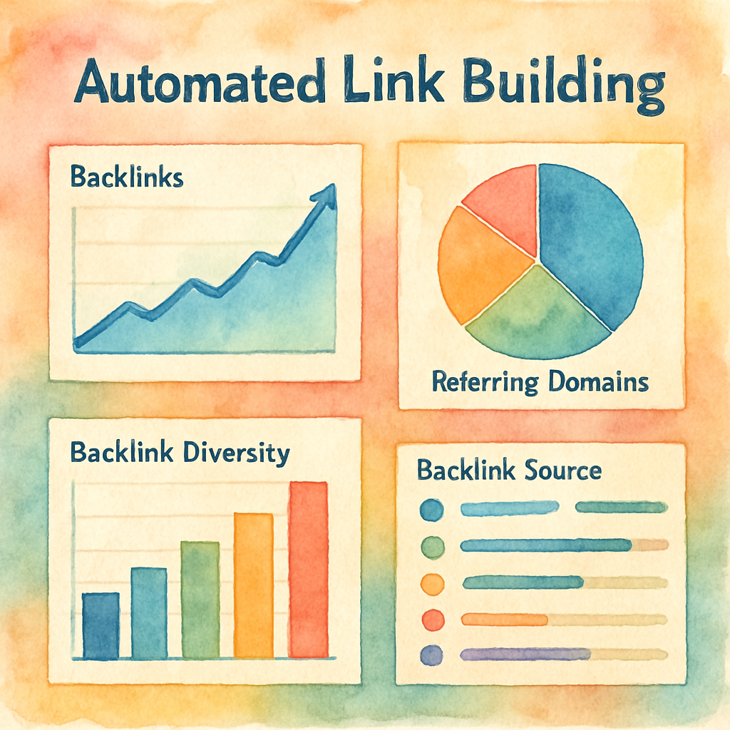 A digital dashboard showing automated link building progress with colorful charts and diverse backlink sources. Alt: Visualization of an automated link building service optimizing backlink diversity and quality.