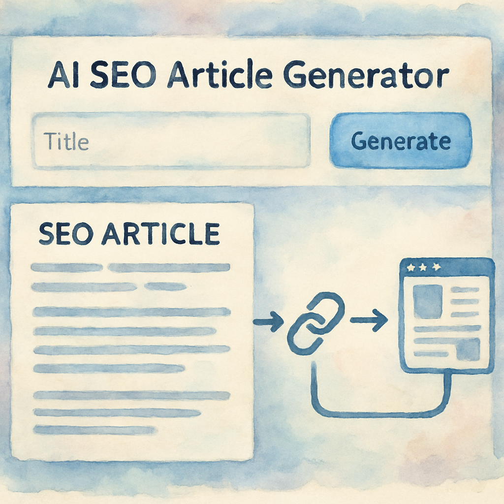 A sleek dashboard showcasing an AI-powered SEO article generator with backlink integration. Alt: Visual representation of an automated SEO article generator with backlink building workflow.