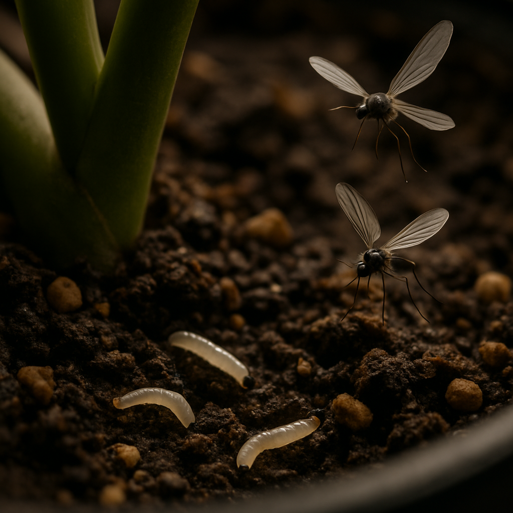 Close-up of anthurium soil showing tiny fungus gnat larvae and adult gnats hovering near the soil surface. Alt: Detailed view of fungus gnats and larvae infestation in anthurium potting soil.