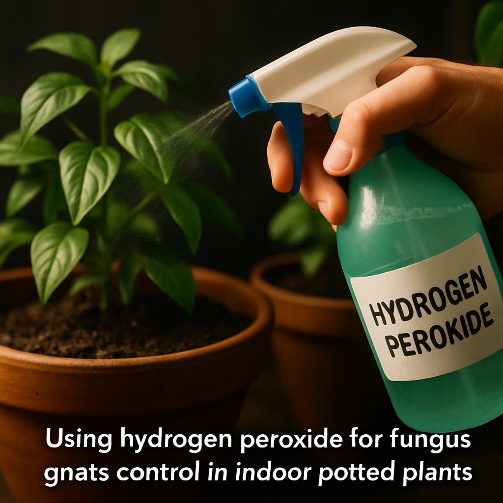 A close-up image of a small spray bottle applying a diluted hydrogen peroxide solution on indoor potted plants with healthy soil; alt: 