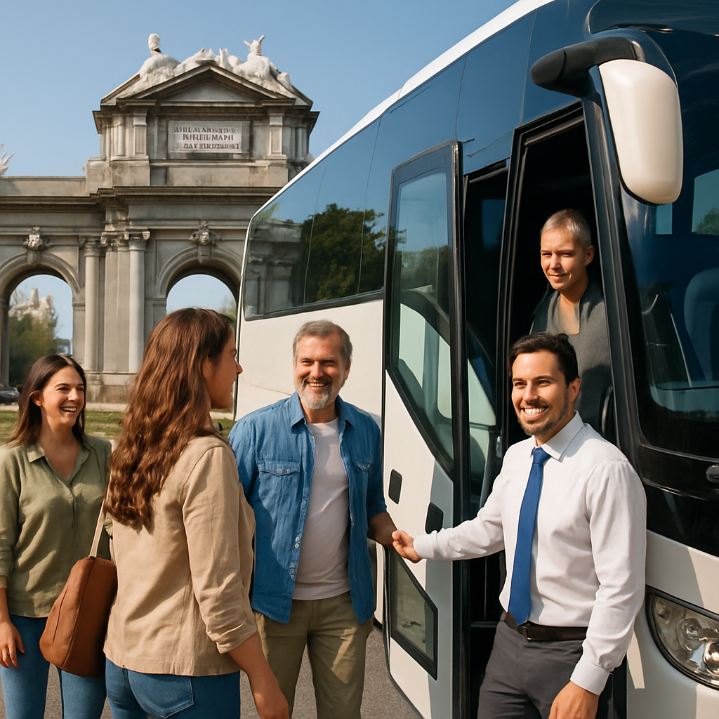A friendly driver opening the door of a modern coach in front of a historic Madrid landmark, passengers smiling as they board. Alt: Prepare for the day and optimize the bus experience for contratar autobus Madrid