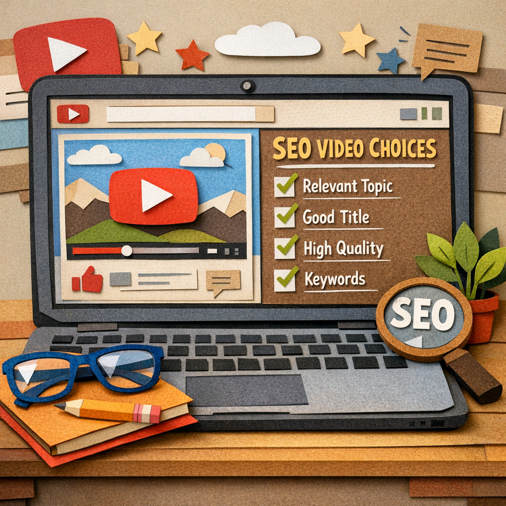 A papercraft style illustration of a laptop screen showing a YouTube video thumbnail next to a checklist. Alt: choosing the right YouTube video for SEO.