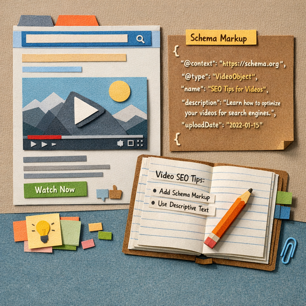 A papercraft style scene showing a web page with a video, schema code, and a notebook. Alt: adding structured data and contextual text for embedded video SEO.
