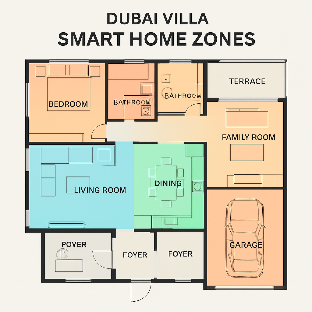 A detailed diagram of a Dubai villa floor plan with highlighted smart home zones. Alt: Smart home zone layout for a Dubai villa.