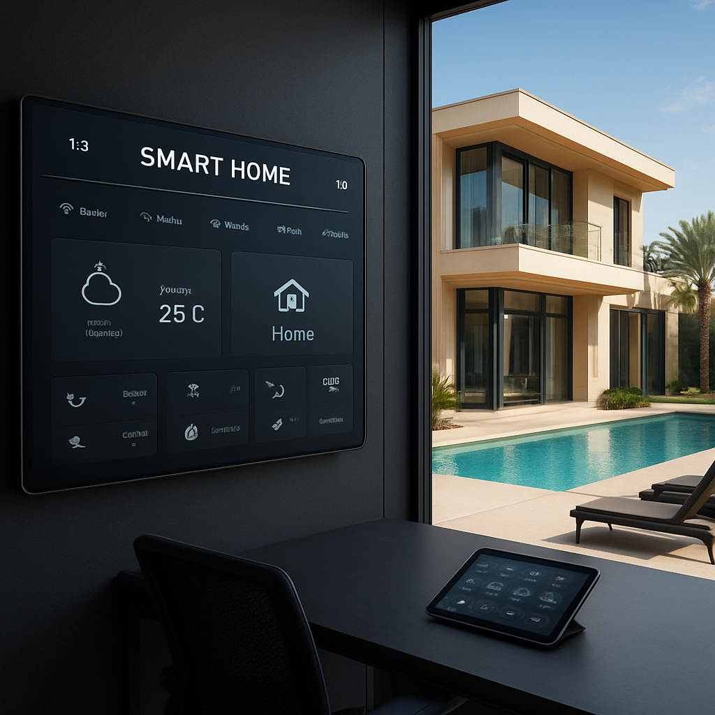 A sleek smart home control room overlooking a luxurious Dubai villa exterior. Alt: Smart home AI control interface in Dubai villa.