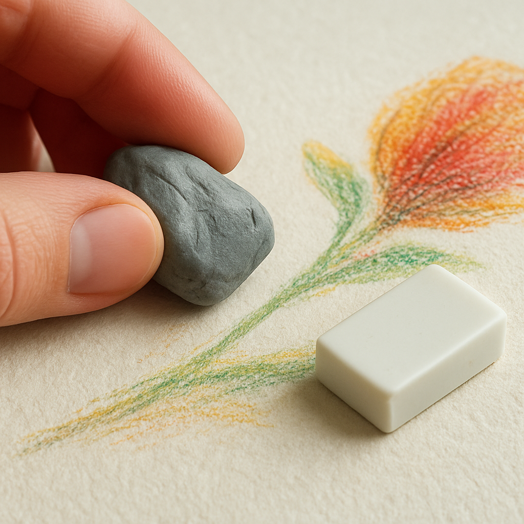A close‑up of a hand holding a kneaded eraser and a vinyl eraser next to a colored pencil sketch, showing the texture of the paper. Alt: How to erase colored pencil with the right eraser