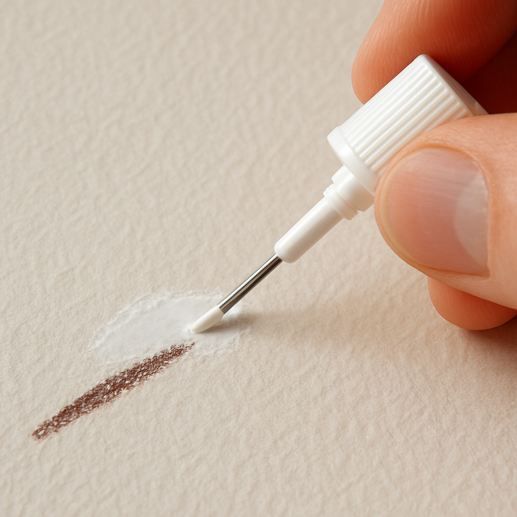 A close‑up of a hand holding a tiny brush applying matte correction fluid over a dark colored‑pencil stray line on textured paper. Alt: how to erase colored pencil using correction fluid for stubborn marks.