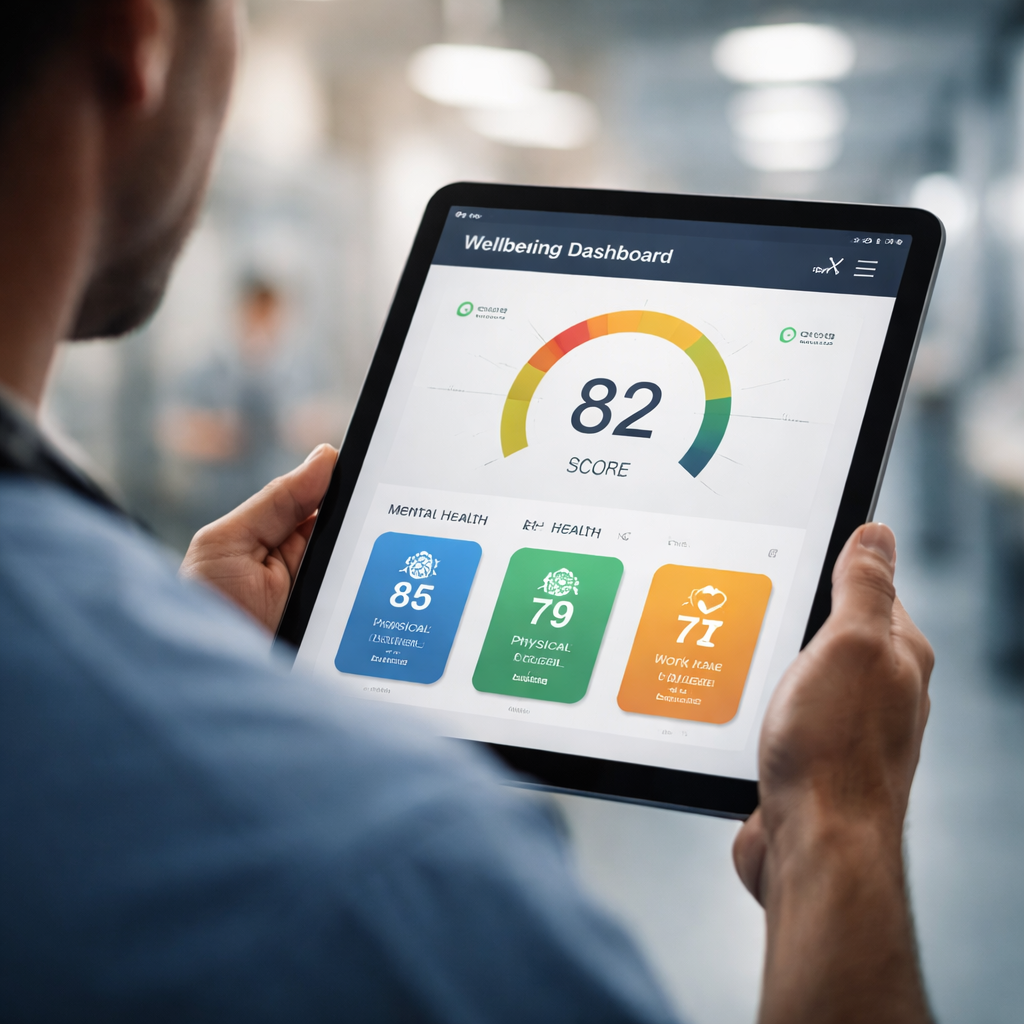 A cinematic, photorealistic scene of a clinician looking at a digital wellbeing dashboard on a tablet, soft hospital lighting, depth of field, highlighting the three metric buckets. Alt: clinician wellbeing score dashboard visual.