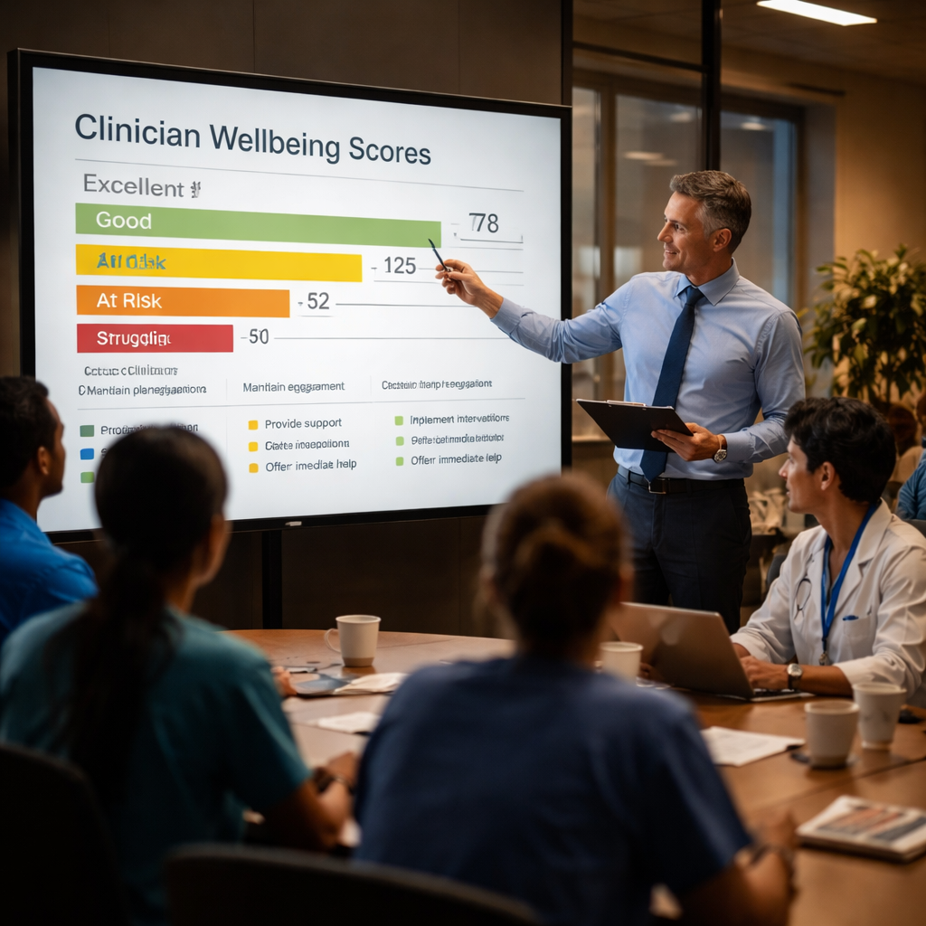 A cinematic scene of a hospital staff meeting where a manager points at a large screen showing colour‑coded wellbeing scores for clinicians, soft warm lighting, focused faces, Alt: Clinician wellbeing score interpretation and action planning visual