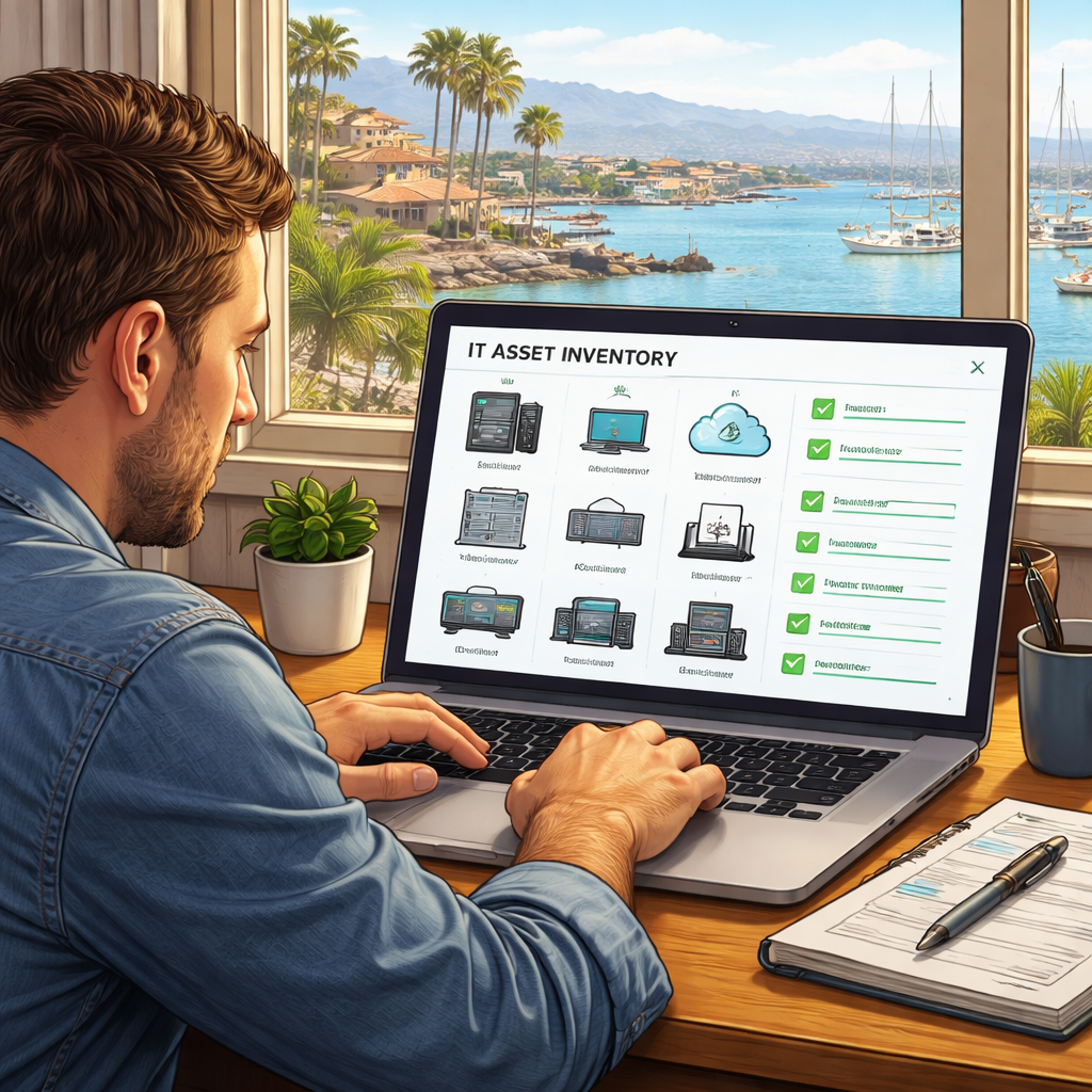 A realistic illustration of a small business owner reviewing a detailed IT asset inventory on a laptop, with icons representing servers, laptops, cloud services, and networking gear. Alt: inventory checklist for cybersecurity evaluation in Monterey SMBs.