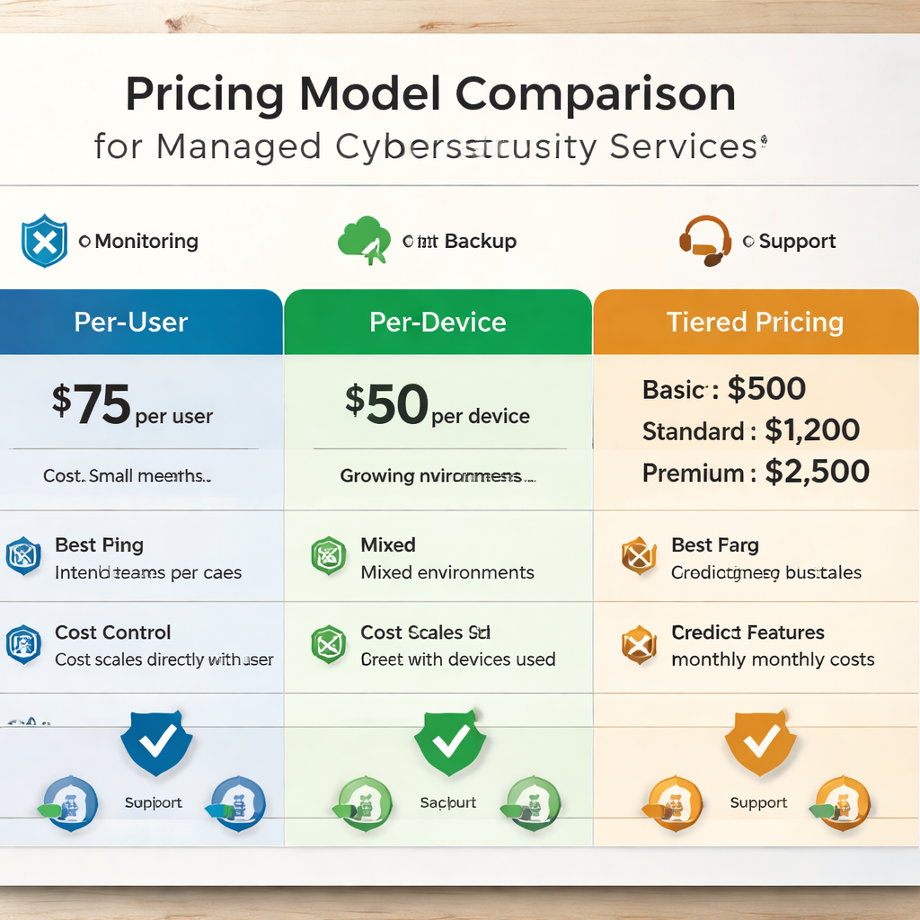 A realistic chart showing side‑by‑side cost comparison of per‑user, per‑device, and tiered pricing models for managed cybersecurity services, with icons for monitoring, backup, and support. Alt: pricing model comparison for Monterey SMBs.