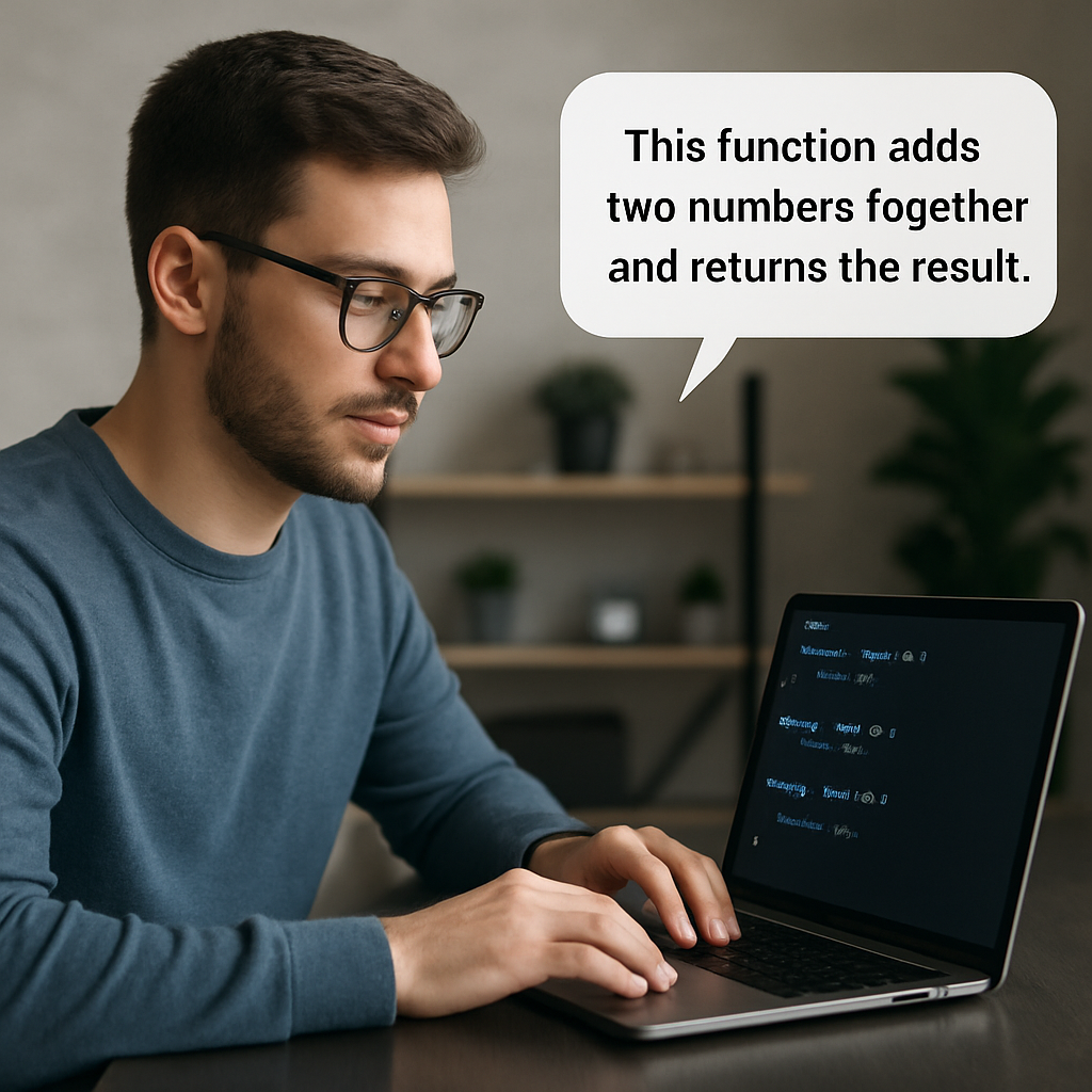 An illustration of a developer sitting at a laptop, with a speech bubble showing AI‑generated plain English explanation of a code snippet. Alt: AI tool explaining source code in plain English using AI