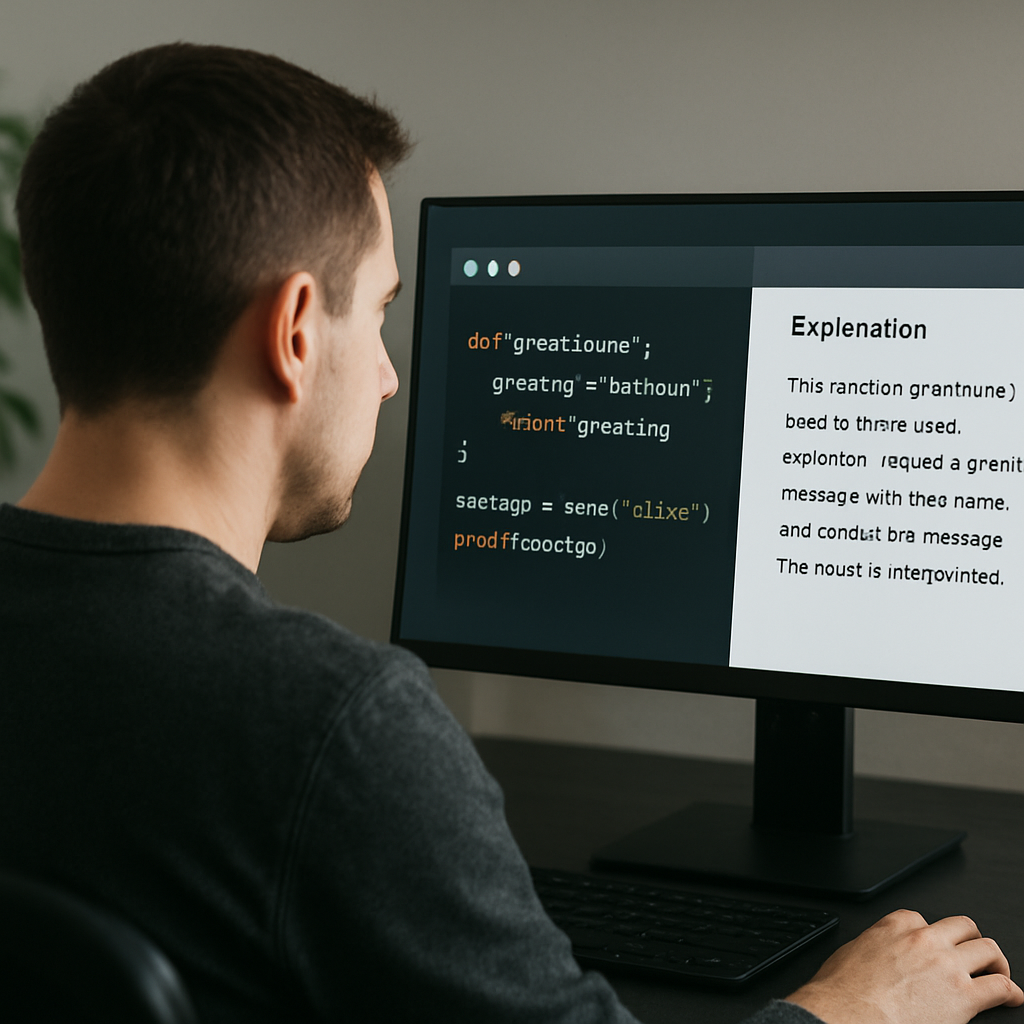 A developer looking at a screen where AI translates code to plain English, showing a code snippet and an English explanation. Alt: explain source code in plain english using ai illustration.