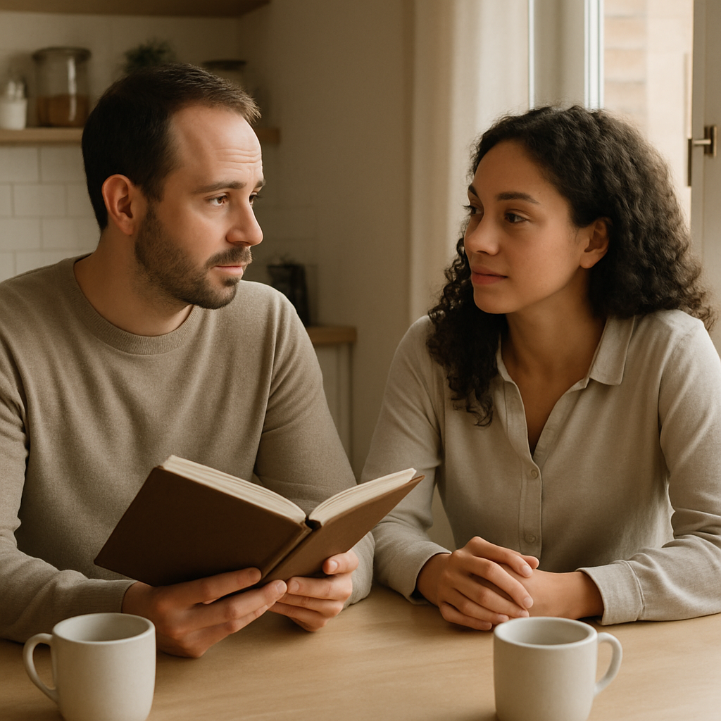 A calm couple sitting at a kitchen table, one person holding a journal and the other listening attentively. Alt: Identify feelings before speaking in a relationship, calm conversation setting