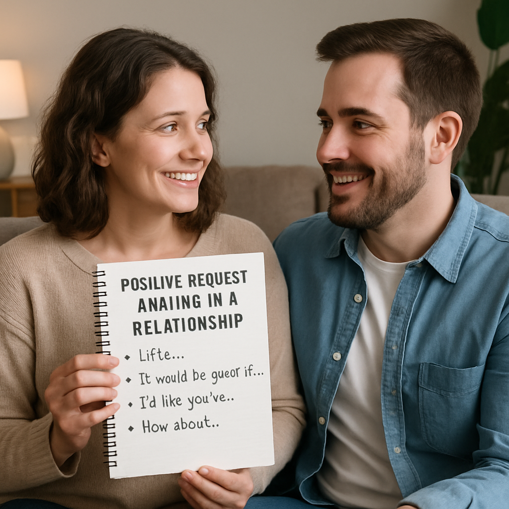A couple sitting on a cozy couch, one holding a notebook with a list of positive request phrases, the other smiling and listening attentively. Alt: Positive request framing in a relationship