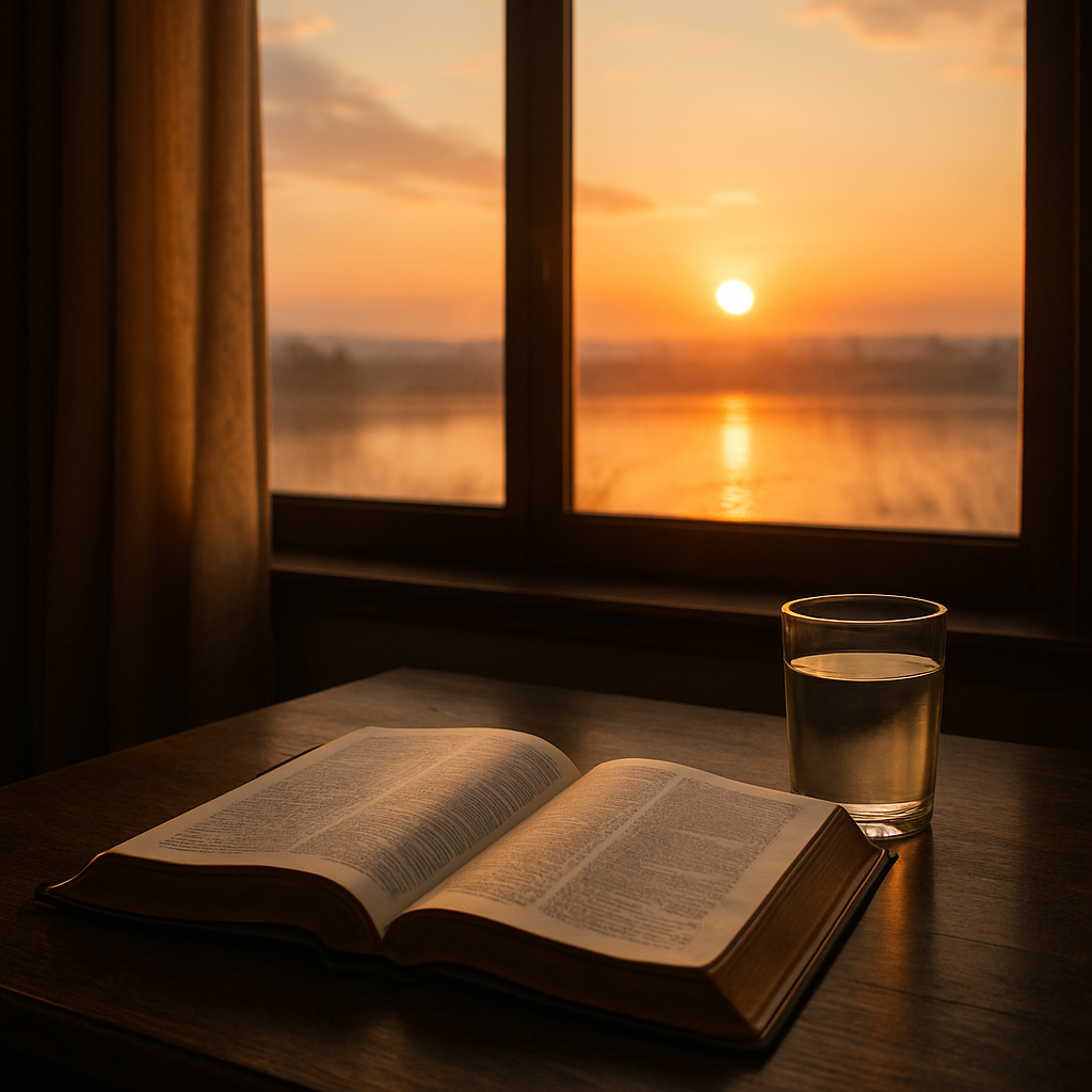 A peaceful sunrise over a quiet room with an open Bible and a simple glass of water, representing the start of a spiritual fast. Alt: Spiritual fasting purpose sunrise setting