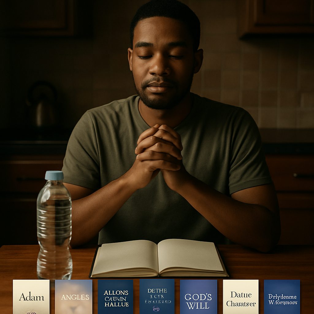 A peaceful person sitting at a kitchen table with a water bottle and journal, ready for a fast and prayer session. Alt: How to fast and pray for beginners - first fast session.