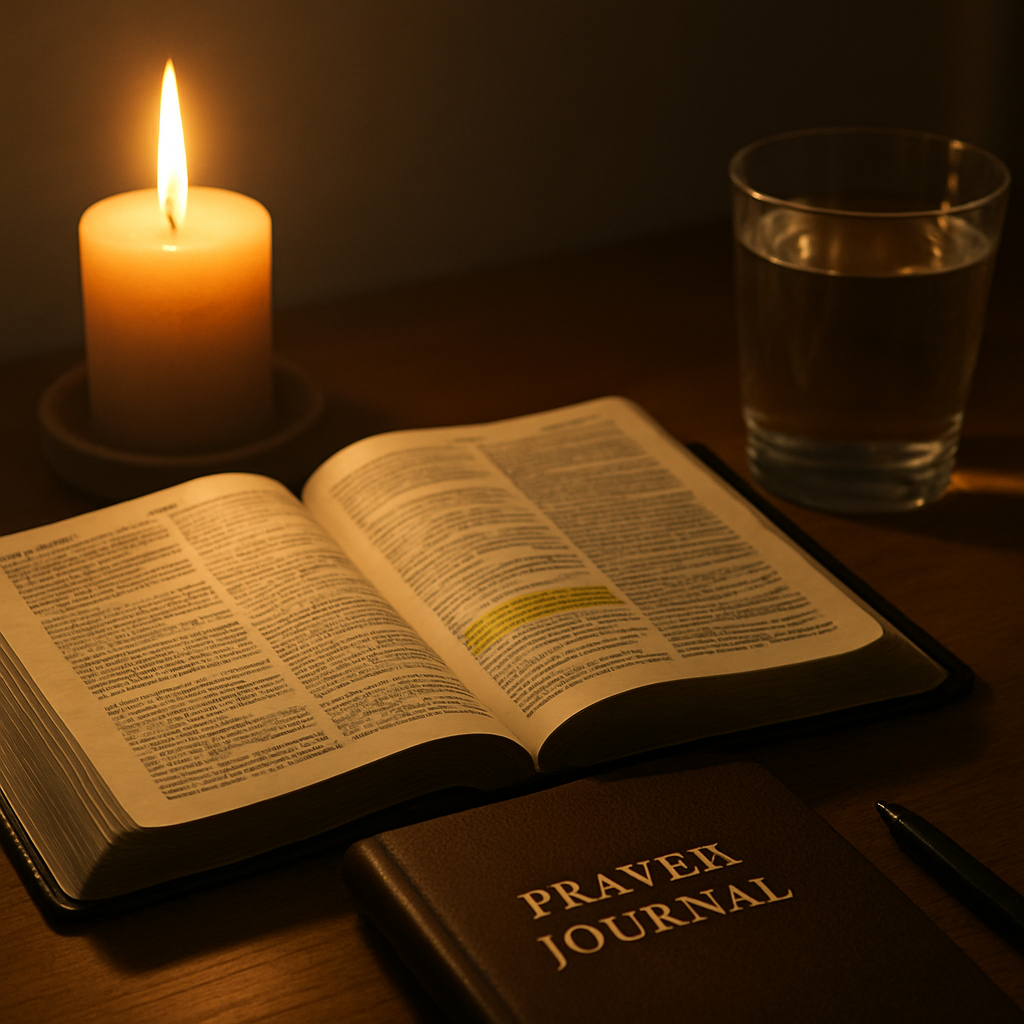 A calm home setting with a candle, a journal, a glass of water, and a Bible open to a highlighted verse. Alt: Practical tips during a spiritual fast, prayer journal, water, candle, quiet space.