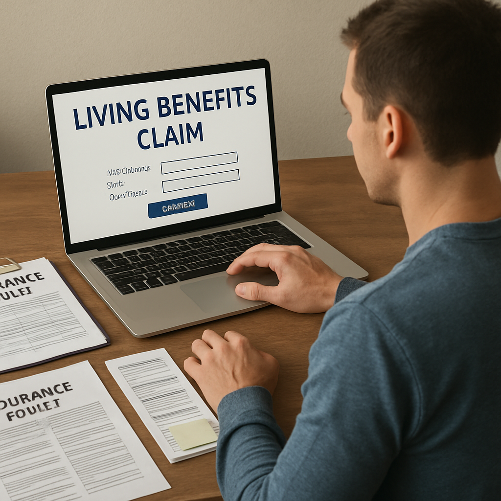 A person sitting at a desk surrounded by organized insurance claim documents, confidently submitting their living benefits claim online; Alt: How to file a living benefits claim on indexed universal life insurance policy with organized paperwork.