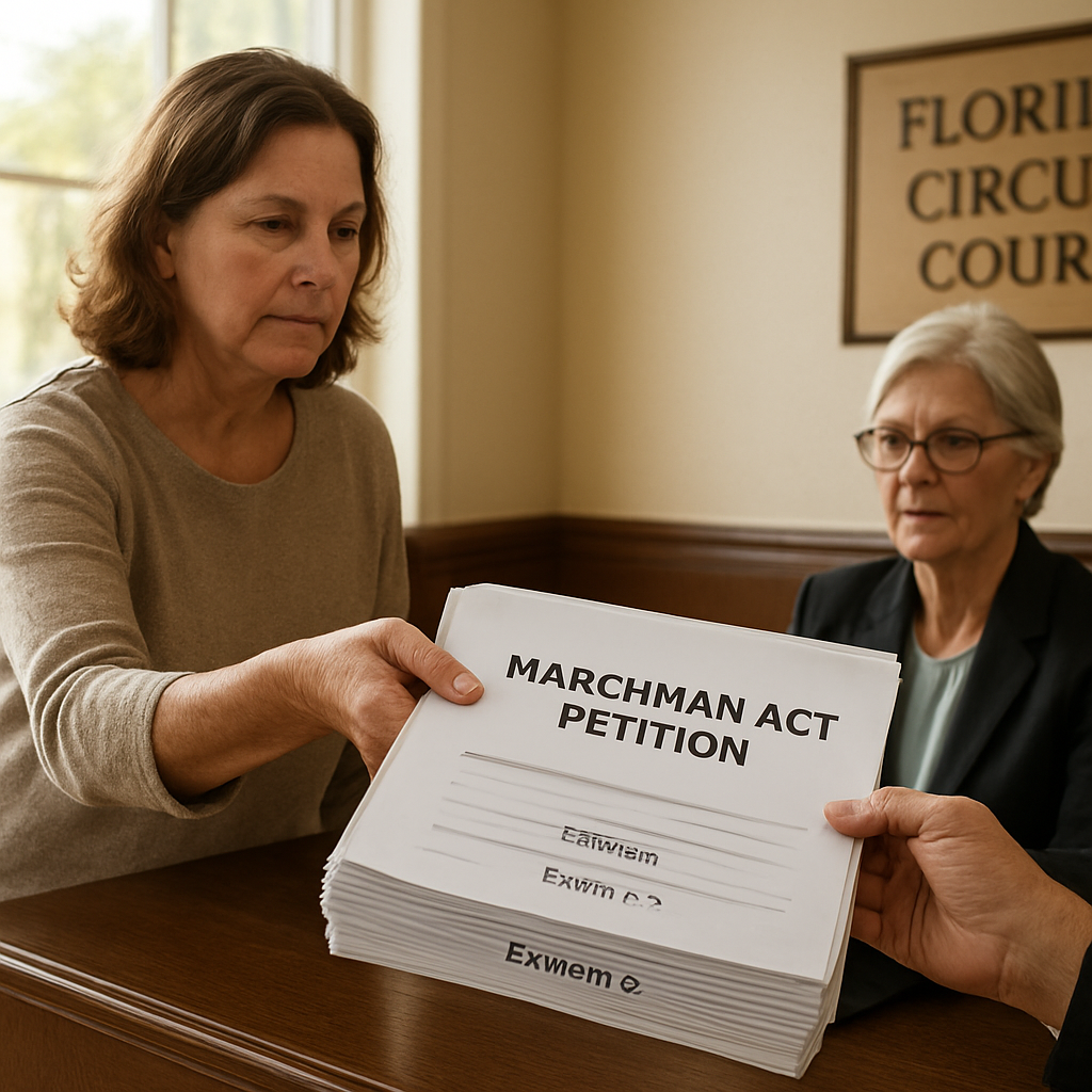A photorealistic scene of a family member handing a neatly organized petition packet to a court clerk behind a wooden desk in a bright Florida circuit court office, sunlight filtering through large windows, the packet labeled with clear exhibit letters, showing a calm yet urgent atmosphere. Alt: Filing a Marchman Act petition in Florida.