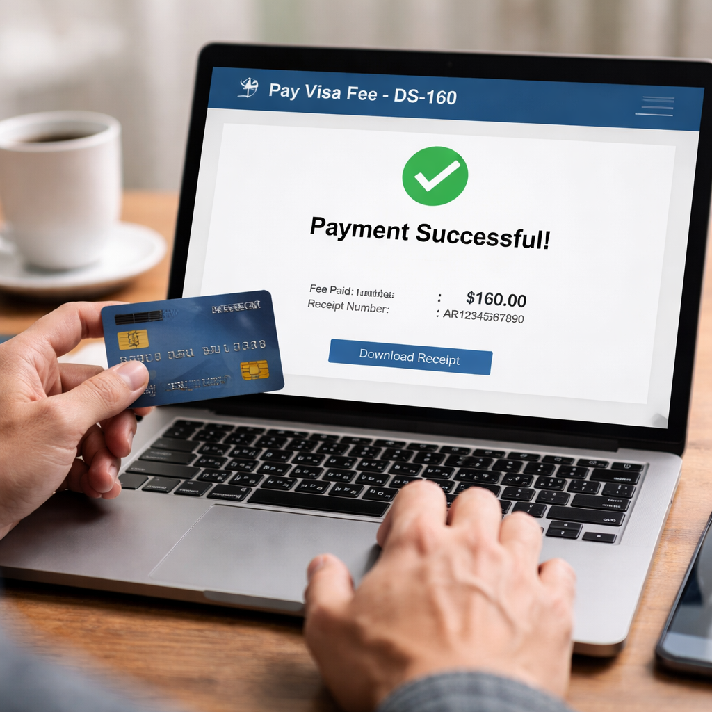 A photorealistic scene of a person paying a visa fee online, showing a credit card and a confirmation screen. Alt: DS-160 fee payment screen