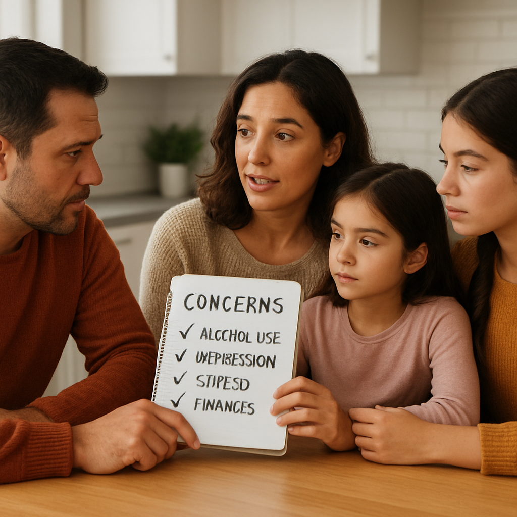 A warm, supportive family sitting around a kitchen table, one person holding a notebook with a checklist of concerns. Alt: family planning intervention with checklist, alcohol intervention specialist near me