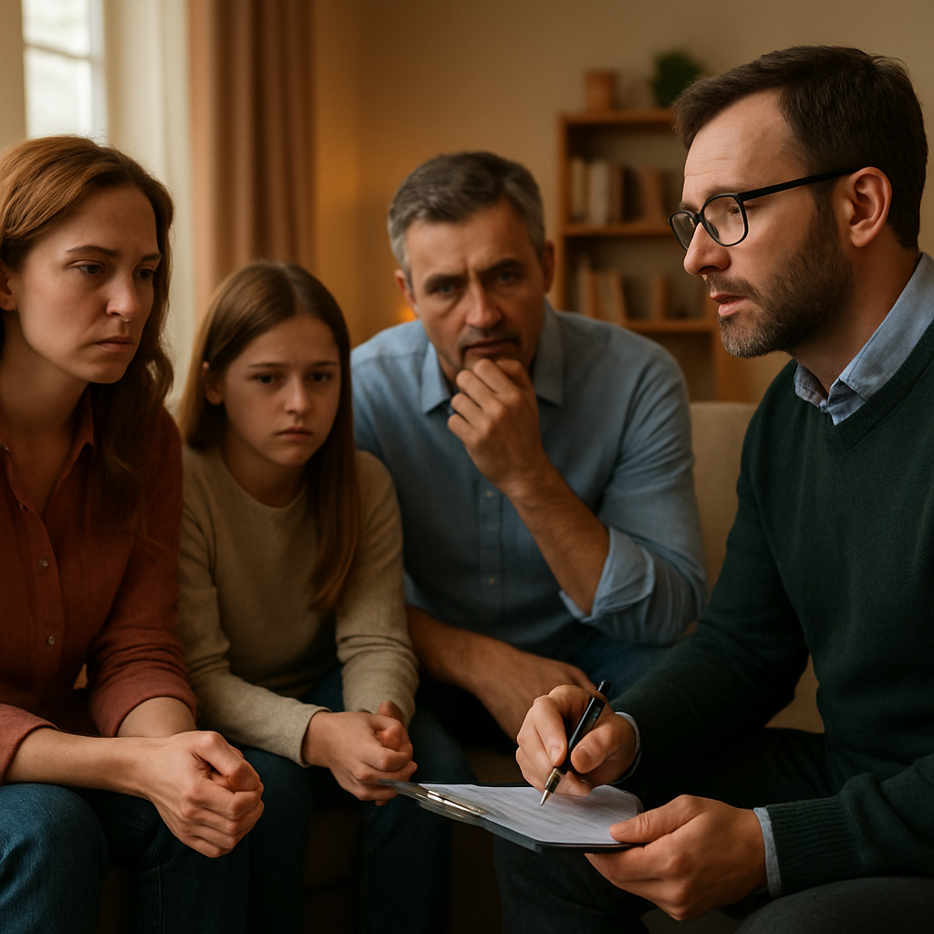 A warm living‑room scene where a calm intervention specialist sits with a worried family, discussing options. Alt: Alcohol intervention specialist near me family consultation setting.