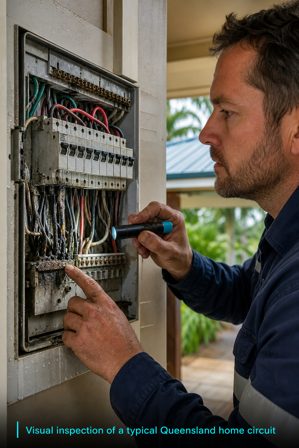 A realistic illustration of an electrician inspecting a residential switchboard, highlighting burnt wires, loose terminals and moisture, with a caption “Visual inspection of a typical Queensland home circuit”.