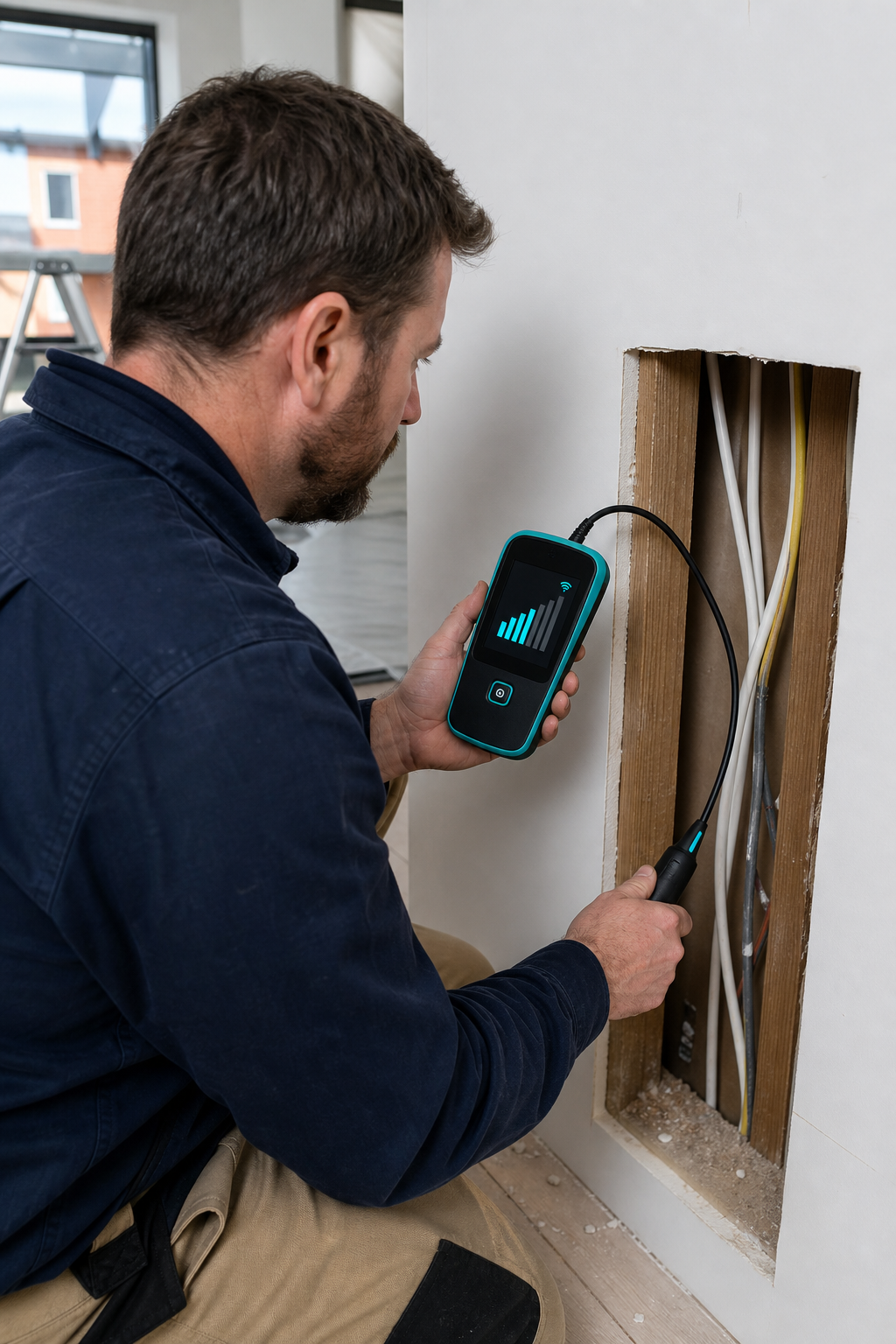 A realistic scene of an electrician using a cable tracing tool on a wall cavity, with signal strength readout displayed, caption “Tracing hidden wiring to locate a fault”.