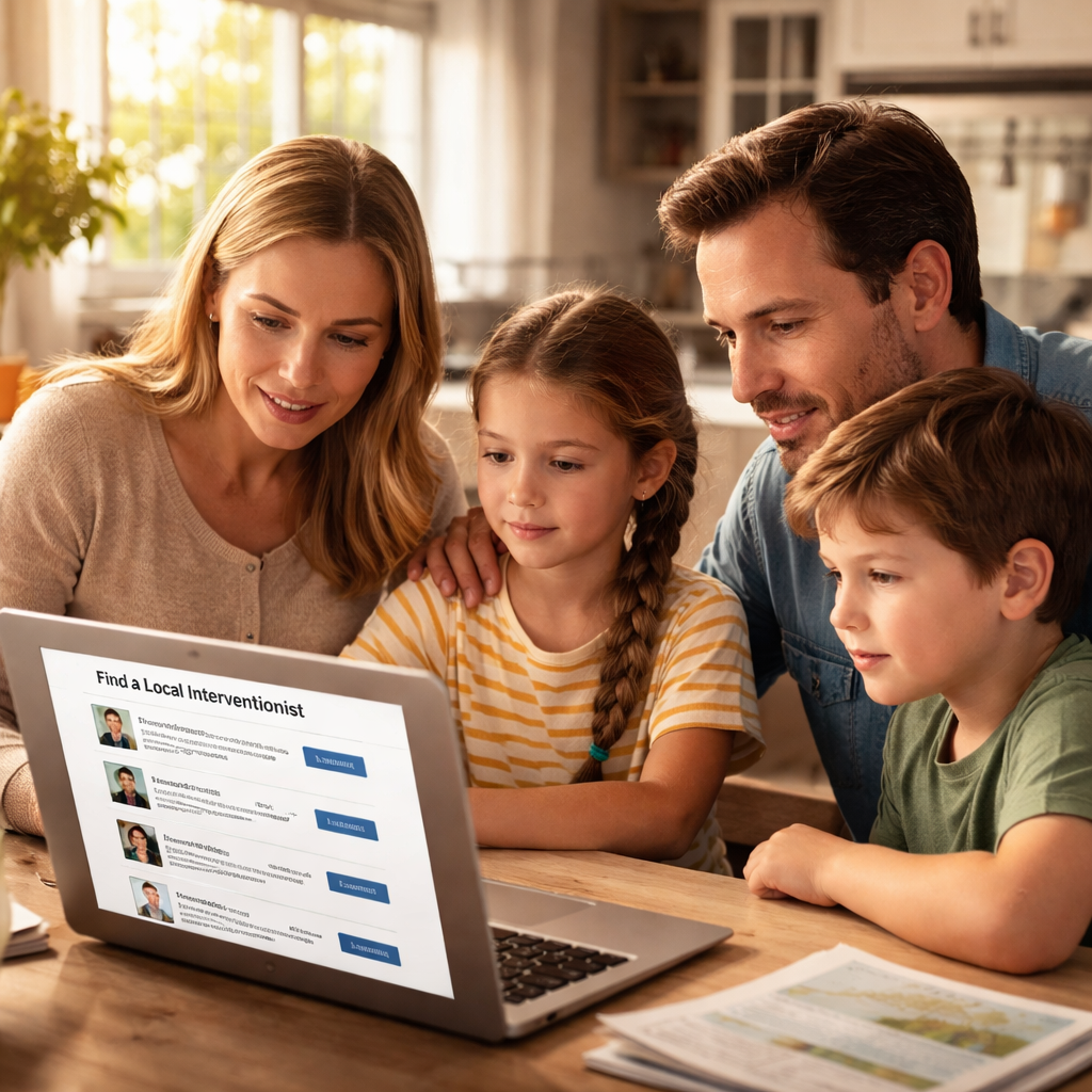 A photorealistic scene of a family sitting at a kitchen table, spreading out a notebook with three prioritized intervention needs, soft natural lighting, realistic details. Alt: Family planning intervention needs