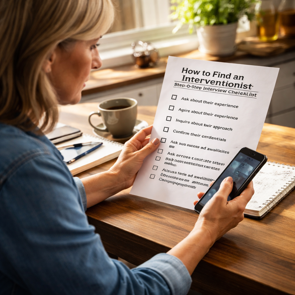 A photorealistic scene of a family sitting around a kitchen table with a notebook open, a laptop displaying an interventionist’s credentials page, and a calm professional on a video call offering guidance. The setting feels intimate, with warm lighting and a sense of urgency turned into organized action. Alt: Family evaluating interventionist credentials and emergency response plan.