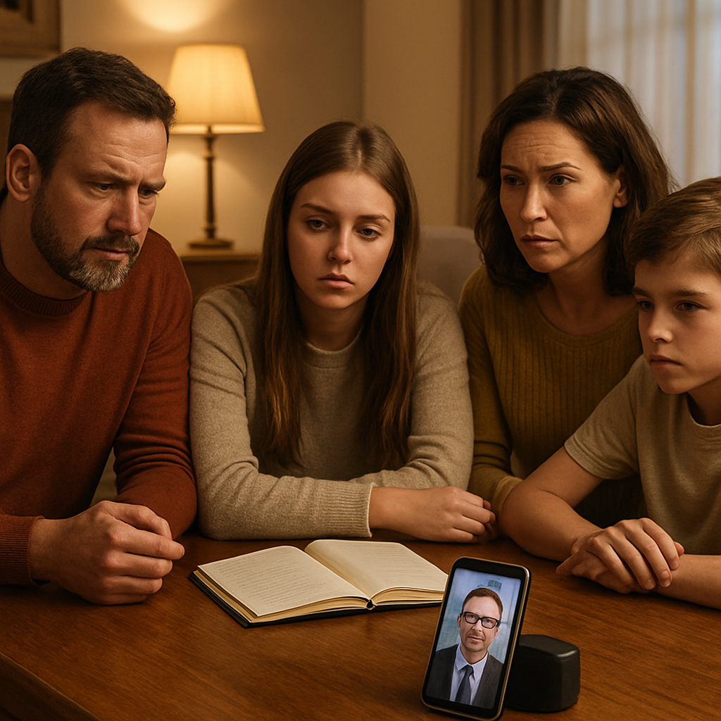 A warm living room with a family sitting around a coffee table, a notebook open, and a phone on speaker for a virtual consultation with an interventionist. Alt: Family conducting an initial consultation with an interventionist over video call.